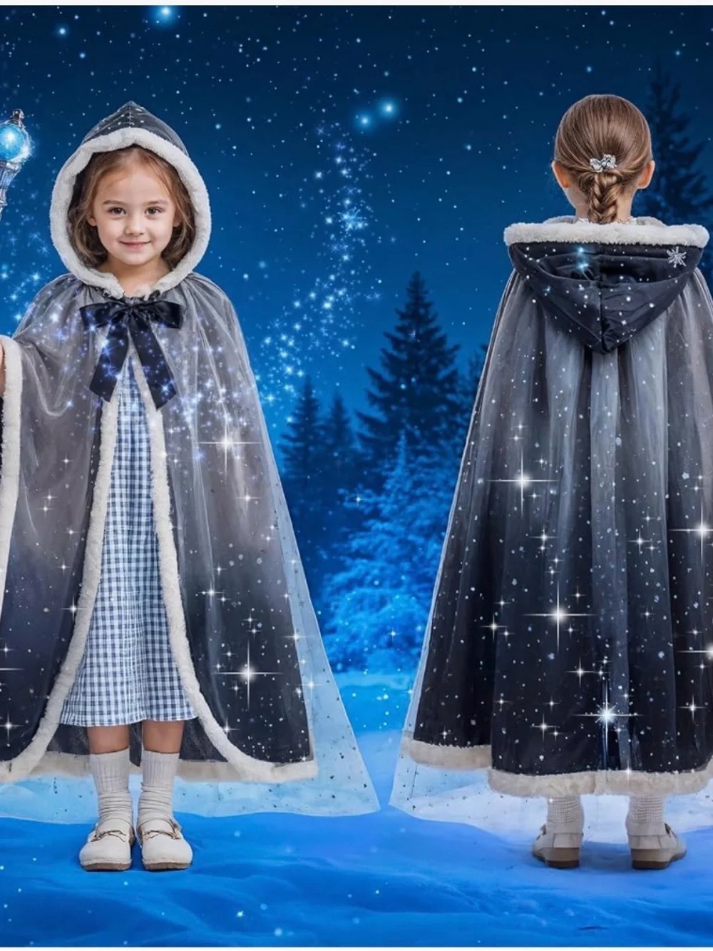 Winter Princess Navy Starry Hooded Cape for Kids - Faux Fur Trim 8/10